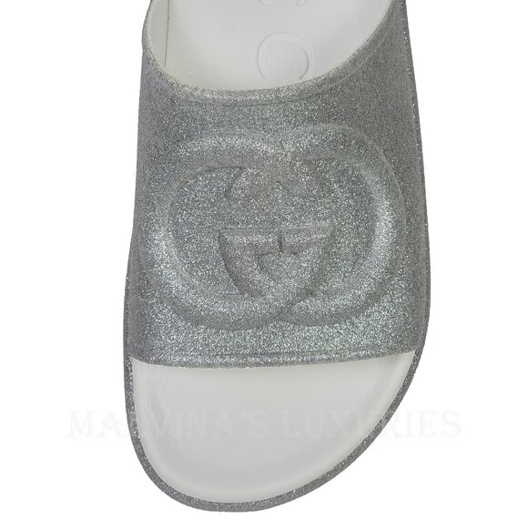 GUCCI SHOES MIAMI GG LOGO EMBOSSED GLITTERED RUBBER PLATFORM SLIDE sz 40 10 - Picture 12 of 15
